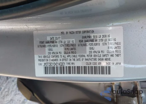 2017 Mazda Cx-9 Touring из США, поврежденный, VIN JM3TCBCY0H0140201